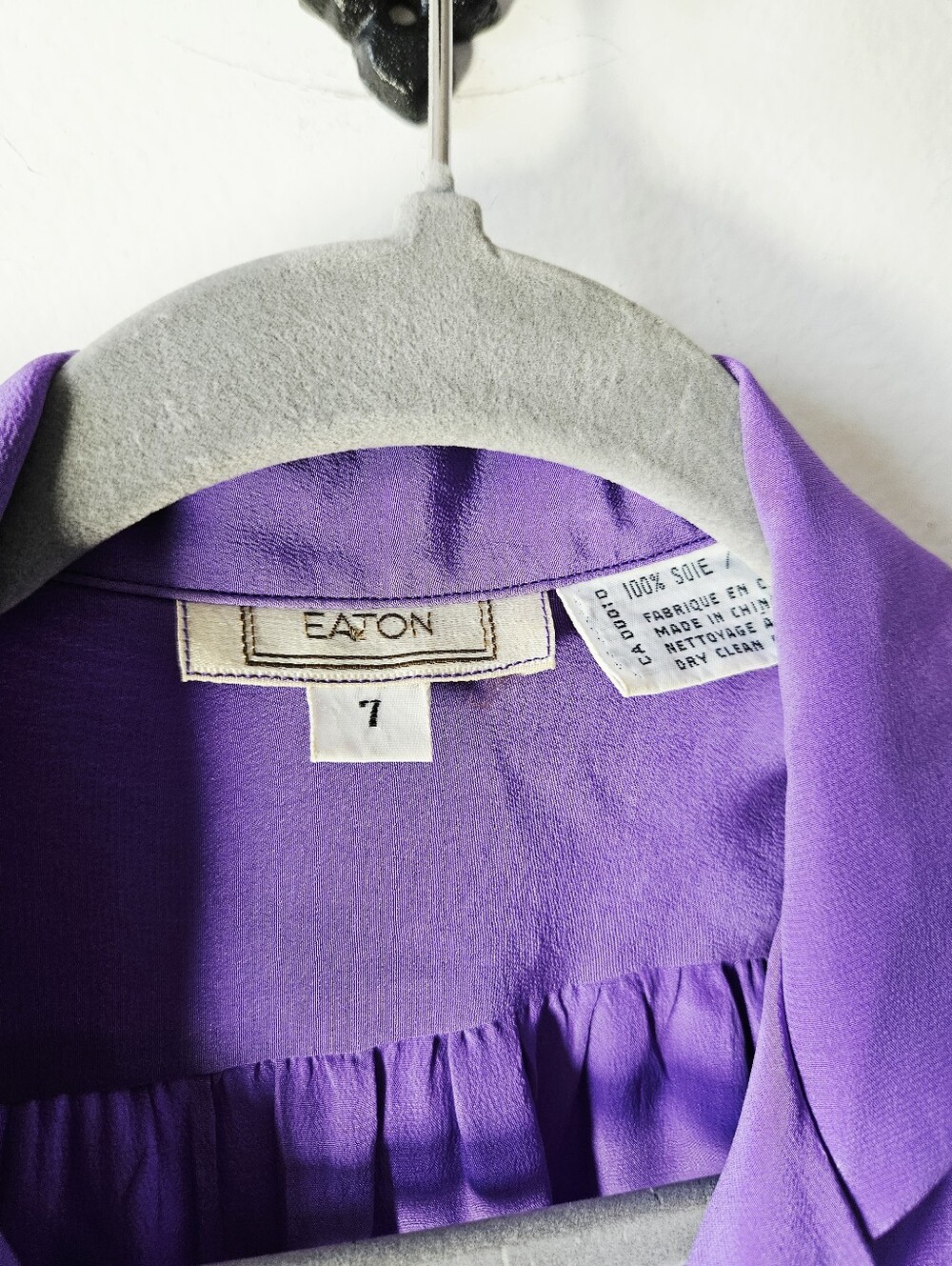 Vintage 80s 100% Silk Eaton Dress Size 7 (M) Purple Shoulder Pads Retro Midi - Picture 5 of 5